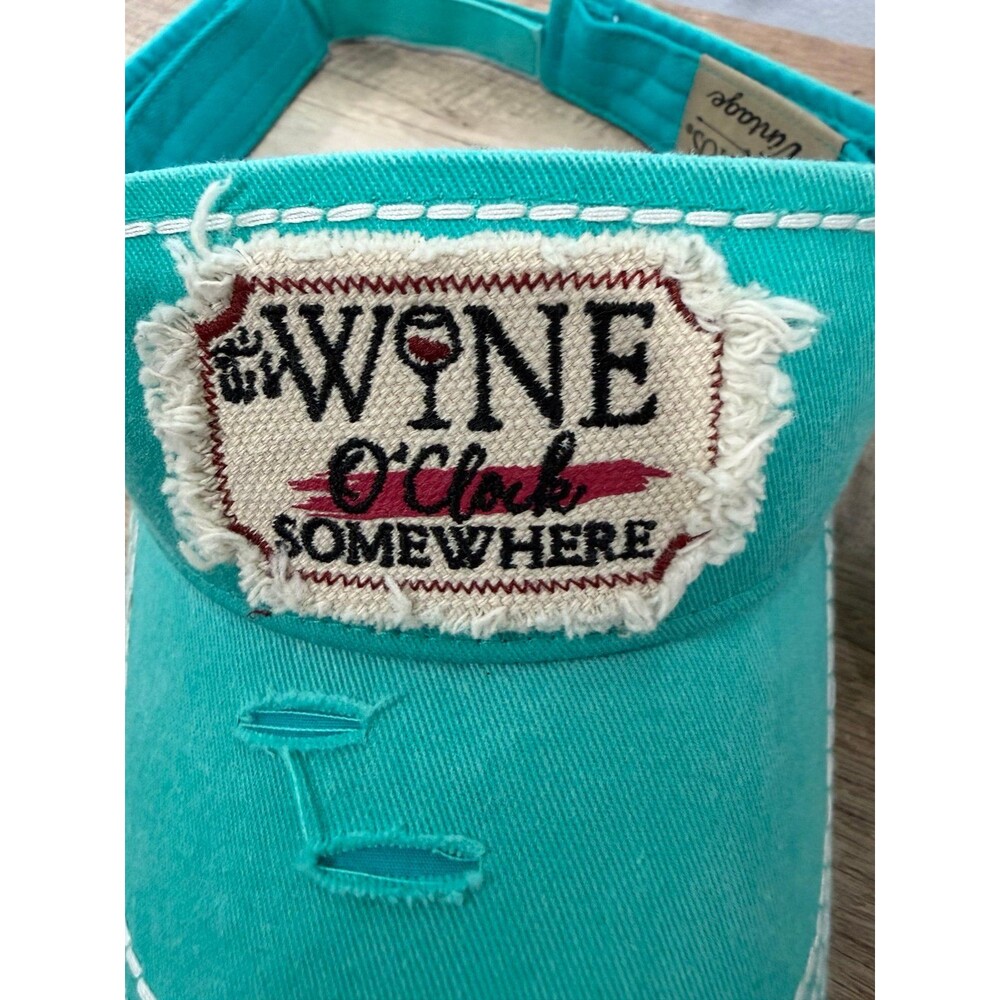 New KBETHOS Wine O’Clock Somewhere Distressed Turquoise Visor Adjustable Hat